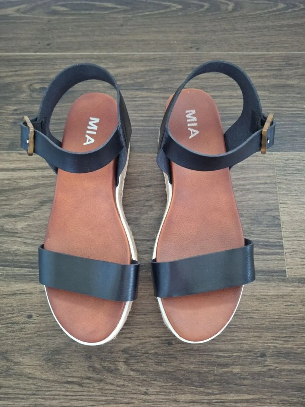 💙 MIA Black Espadrille Platform Size 9 Sandals Ankle Strap Boho Wedge Comfy